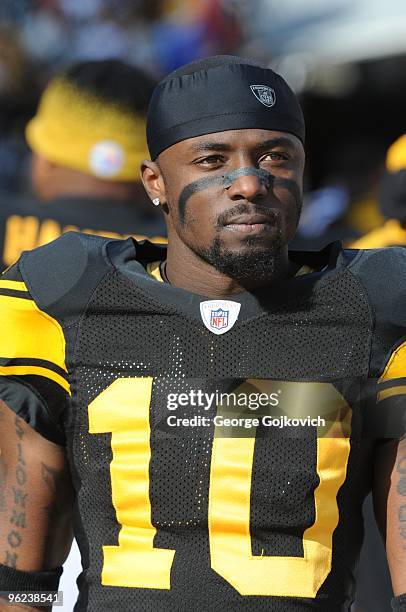 Wide receiver Santonio Holmes of the Pittsburgh Steelers looks on from the sideline during a game against the Baltimore Ravens at Heinz Field on...