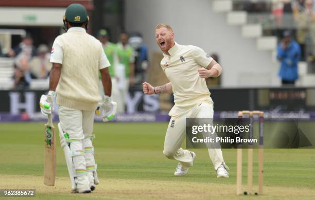 Ben Stokes of England celebrates after dismissing Asad Shafiq of Pakistan during the second day of the 1st Natwest Test match between England and...