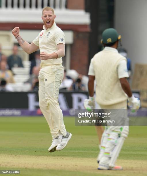 Ben Stokes of England celebrates after dismissing Asad Shafiq of Pakistan during the second day of the 1st Natwest Test match between England and...