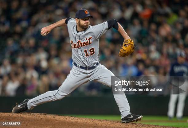 Reliever Louis Coleman of the Detroit Tigers delivers a pitch during a game against the Seattle Mariners at Safeco Field on May 18, 2018 in Seattle,...
