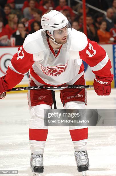 Patrick Eaves of the Detroit Red Wings during a NHL hockey game against the Washington Capitals on January 19, 2010 at the Verizon Center in...