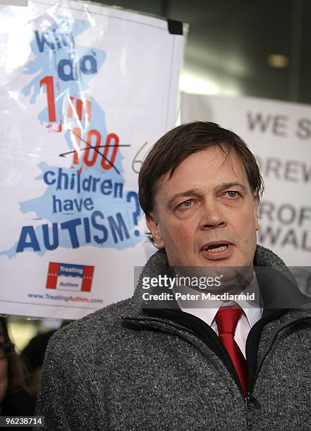 Dr Andrew Wakefield talks to reporters at the General Medical Council on January 28, 2010 in London, England. Dr Wakefield was the first clinician to...
