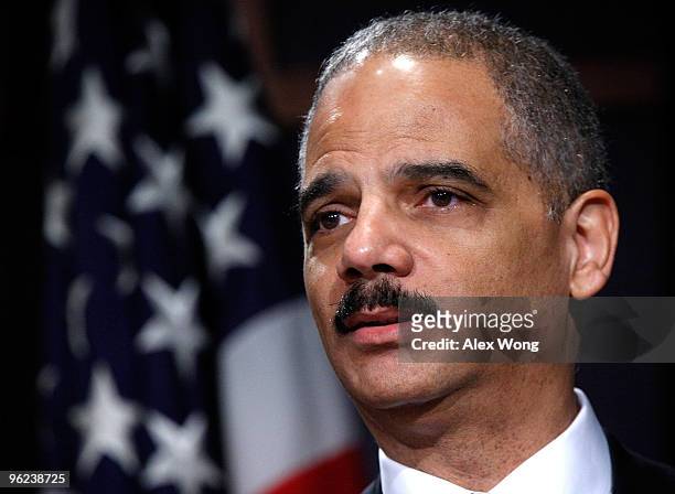 Attorney General Eric Holder speaks during a "National Summit on Health Care Fraud" at the National Institutes of Health January 28, 2010 in...