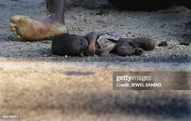 Bodies of Haitian earthquake victims are left next to a road in Merger on January 19, 2010 a week after the country was shattered by a massive...