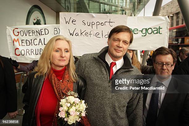 Dr Andrew Wakefield walks with his wife Carmel after speaking to reporters at the General Medical Council on January 28, 2010 in London, England. Dr...