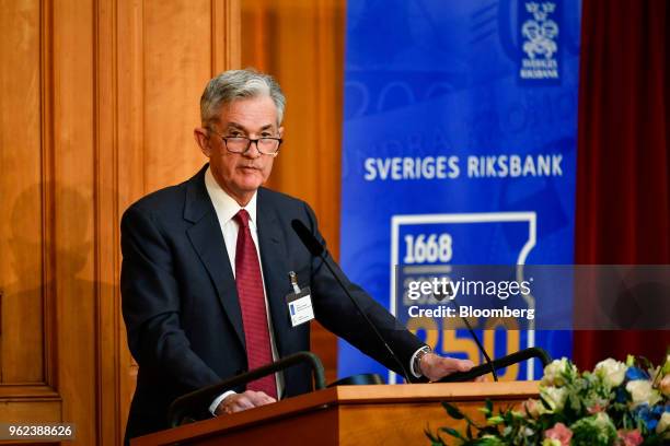 Jerome Powell, chairman of the U.S. Federal Reserve, delivers a speech at a conference to celebrate the 350th anniversary of the Riksbank in...