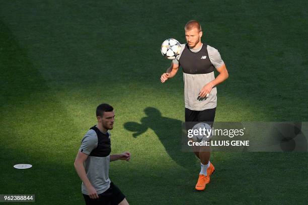 Liverpool's Estonian defender Ragnar Klavan controls the ball during a Liverpool team training session at the Olympic Stadium in Kiev, Ukraine on May...