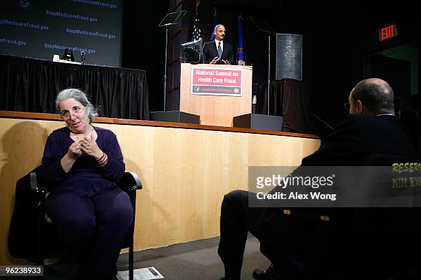 Attorney General Eric Holder speaks during a "National Summit on Health Care Fraud" at the National Institutes of Health January 28, 2010 in...