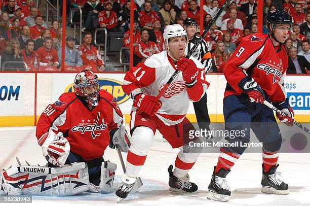 Daniel Cleary of the Detroit Red Wings protects the crease during a NHL hockey game against the Washington Capitals on January 19, 2010 at the...