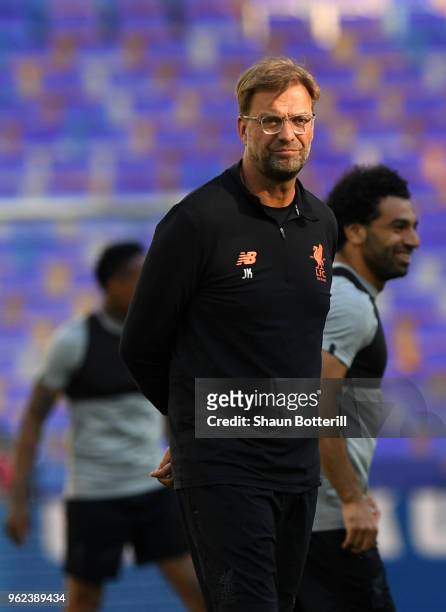 Jurgen Klopp, Manager of Liverpool looks on during a Liverpool training session ahead of the UEFA Champions League Final against Real Madrid at NSC...