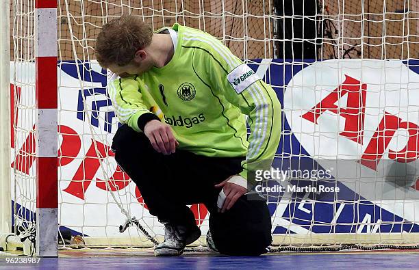 Johannes Bitter, goalkeeper of Germany reacts during the Men's Handball European main round Group II match between Germany and Czech Republic at the...