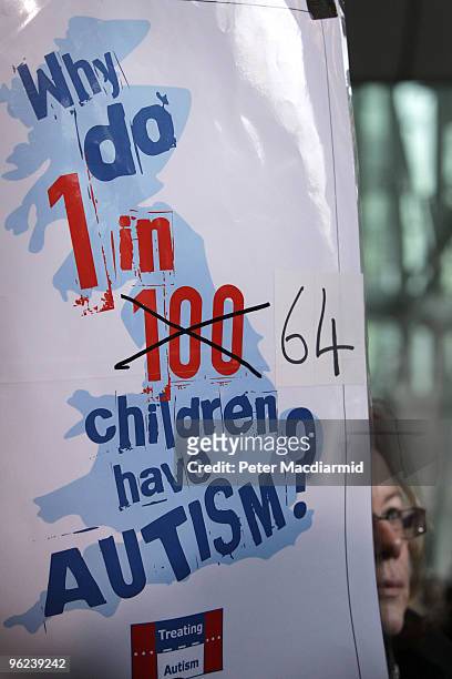 Woman stands outside the General Medical Council with a placard about autism on January 28, 2010 in London, England. Dr Andrew Wakefield was the...