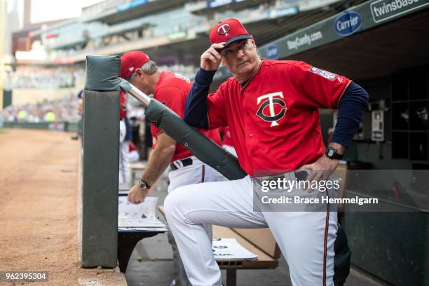 Manager Paul Molitor of the Minnesota Twins looks on against the Milwaukee Brewers on May 18, 2018 at Target Field in Minneapolis, Minnesota. The...