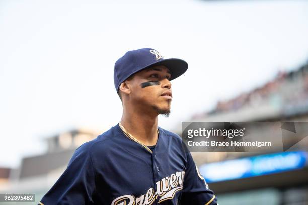 Orlando Arcia of the Milwaukee Brewers looks on against the Minnesota Twins on May 18, 2018 at Target Field in Minneapolis, Minnesota. The Brewers...