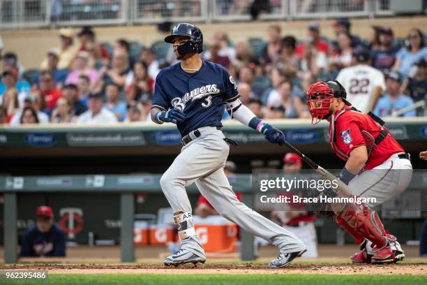 Orlando Arcia of the Milwaukee Brewers bats against the Minnesota Twins on May 18, 2018 at Target Field in Minneapolis, Minnesota. The Brewers...