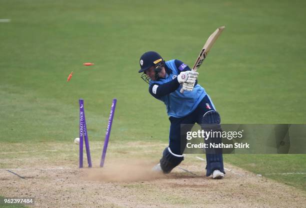 Gary Wilson of Derbyshire is bowled during the Royal London One-Day Cup match between Derbyshire and Leicestershire at The 3aaa County Ground on May...