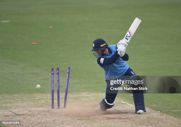 Gary Wilson of Derbyshire is bowled during the Royal London One-Day Cup match between Derbyshire and Leicestershire at The 3aaa County Ground on May...