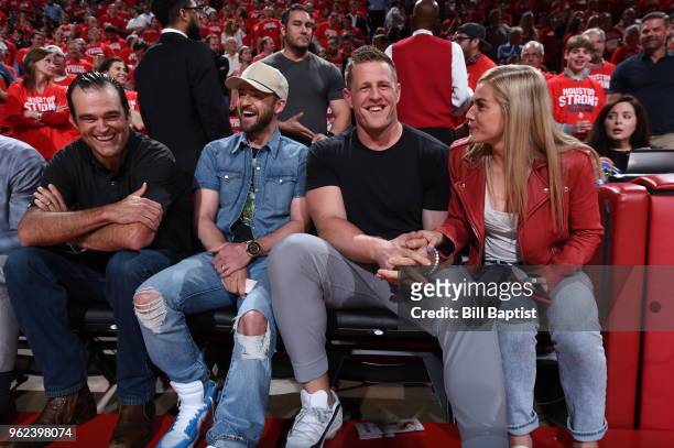Justin Timberlake and JJ Watt attend Game Five of the Western Conference Finals between the Golden State Warriors and the Houston Rockets during the...