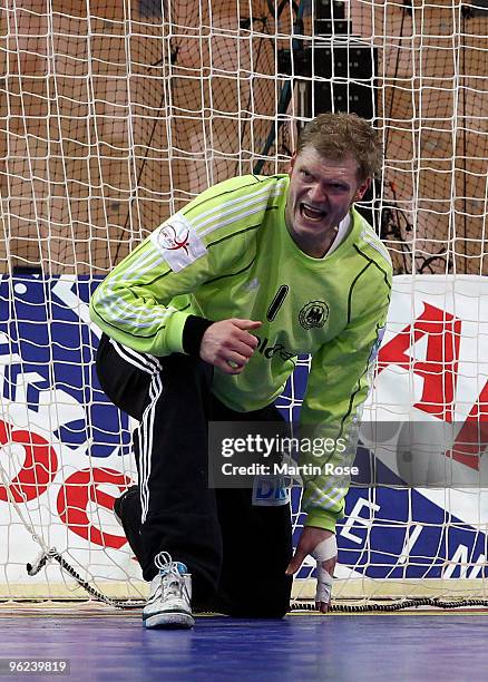 Johannes Bitter, goalkeeper of Germany reacts during the Men's Handball European main round Group II match between Germany and Czech Republic at the...