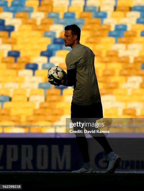 Simon Mignolet of Liverpool in action during a Liverpool training session ahead of the UEFA Champions League Final against Real Madrid at NSC...