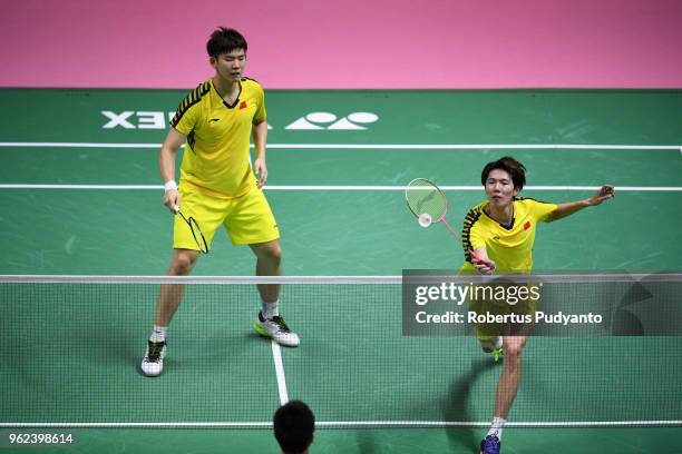 Li Junhui and Liu Yuchen of China compete against Mohammad Ahsan and Hendra Setiawan of Indonesia during the Semi-finals match on day six of the BWF...