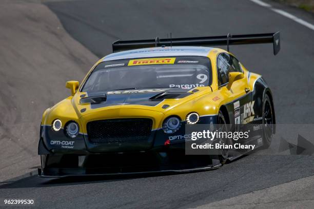 The Bentley Continental GT3 of Alvaro Parente, of Portugal, races on the track during the Pirelli World Challenge GT race on May 20, 2018 at Canadian...