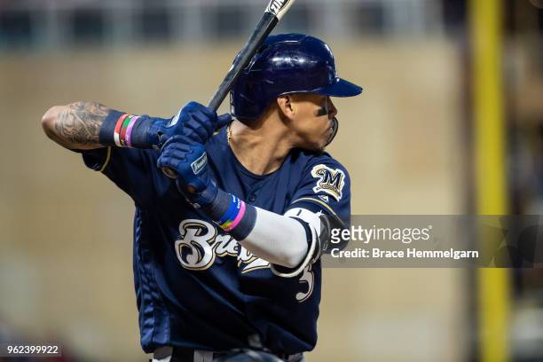Orlando Arcia of the Milwaukee Brewers bats against the Minnesota Twins on May 19, 2018 at Target Field in Minneapolis, Minnesota. The Brewers...