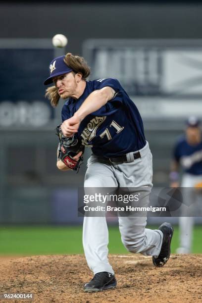 Josh Hader of the Milwaukee Brewers pitches against the Minnesota Twins on May 19, 2018 at Target Field in Minneapolis, Minnesota. The Brewers...