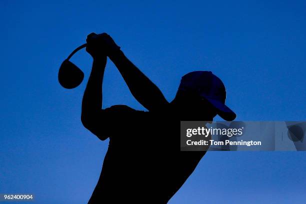 Adam Scott of Australia plays his shot from the 12th tee during round two of the Fort Worth Invitational at Colonial Country Club on May 25, 2018 in...