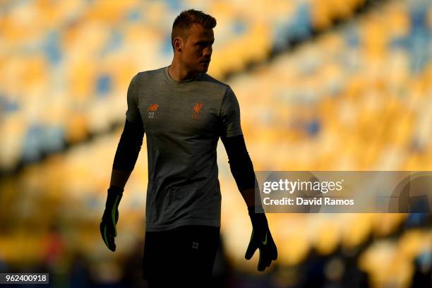 Simon Mignolet of Liverpool looks on during a Liverpool training session ahead of the UEFA Champions League Final against Real Madrid at NSC...