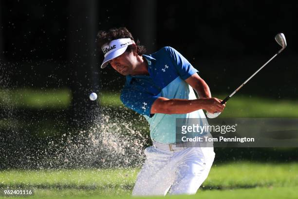 Martin Flores plays a shot from a bunker on the eighth hole during round two of the Fort Worth Invitational at Colonial Country Club on May 25, 2018...