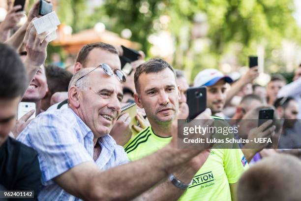 Andriy Shevchenko of Andriy Shevchenko & Friends takes selfies with fans during the Ultimate Champions Tournament at the Champions Festival ahead of...