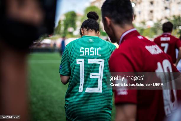 Celia Sasic of UEFA Champions League Legends enters the pitch prior to the Ultimate Champions Tournament at the Champions Festival ahead of the UEFA...