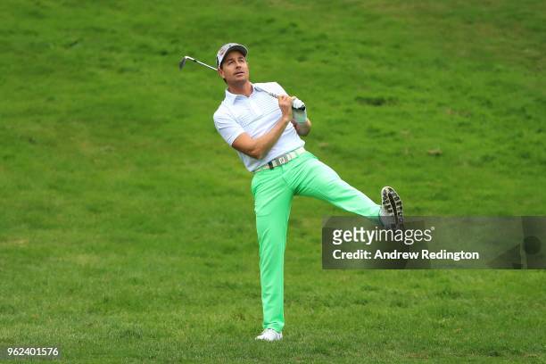 Brett Rumford of Australia plays his second shot on the seventh during day two of the BMW PGA Championship at Wentworth on May 25, 2018 in Virginia...