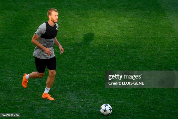 Liverpool's Estonian defender Ragnar Klavan attends a Liverpool team training session at the Olympic Stadium in Kiev, Ukraine on May 25 on the eve of...
