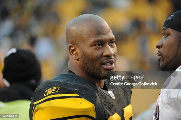 Linebacker James Harrison of the Pittsburgh Steelers looks on from the field after a game against the Baltimore Ravens at Heinz Field on December 27,...