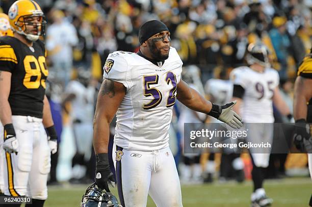 Linebacker Ray Lewis of the Baltimore Ravens reacts to a call by the officials during a game against the Pittsburgh Steelers at Heinz Field on...