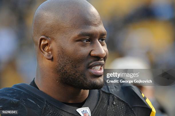 Linebacker James Harrison of the Pittsburgh Steelers looks on from the field after a game against the Baltimore Ravens at Heinz Field on December 27,...