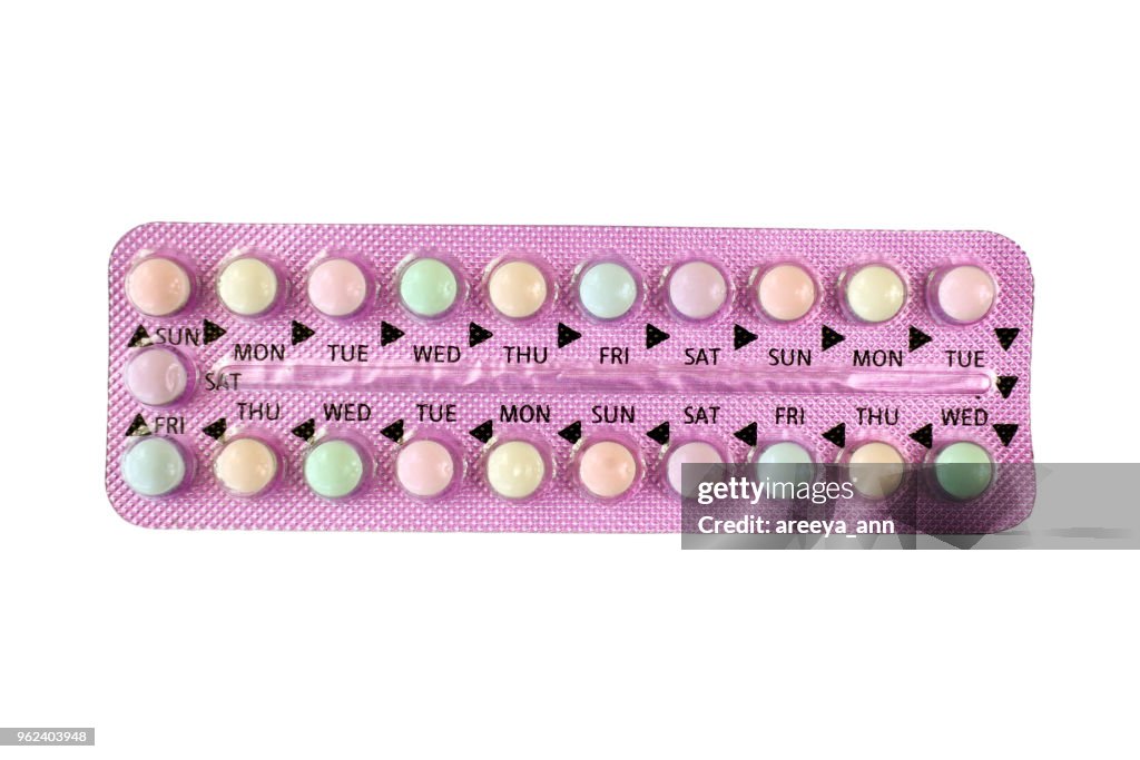 Oral contraceptive pill strips isolated on white background with clipping path.