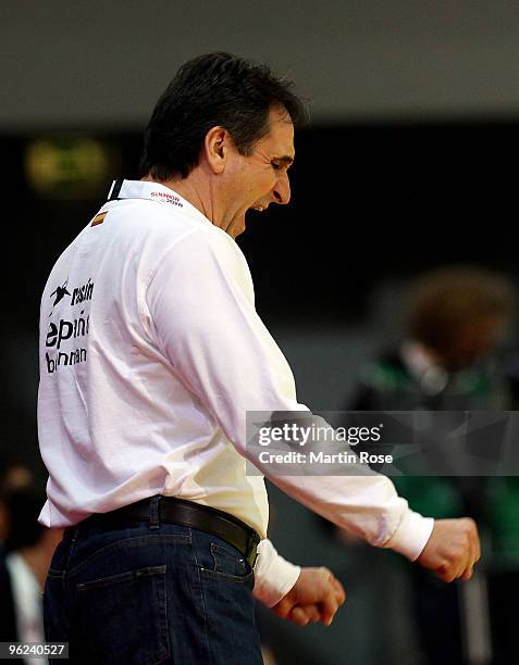 Valero Rivera, head coach of Spain reacts during the Men's Handball European main round Group II match between Slovenia and Spain at the Olympia Hall...