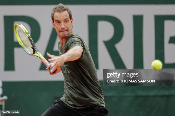 France's Richard Gasquet attends a training session at the Roland Garros stadium on May 25, 2018 in Paris, ahead of 2018 French Open tennis...