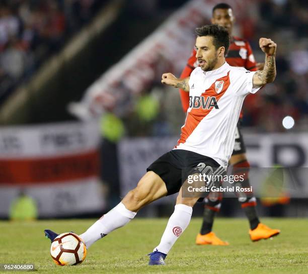 Ignacio Scocco of River Plate kicks the ball during a match between River Plate and Flamengo as part of Copa CONMEBOL Libertadores 2018 on May 23,...