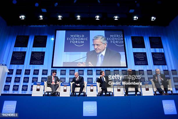 Panelists, from right, Jean-Claude Trichet, president of the European Central Bank , Valdis Zatlers, president of Latvia, Jose Luis Rodriguez...