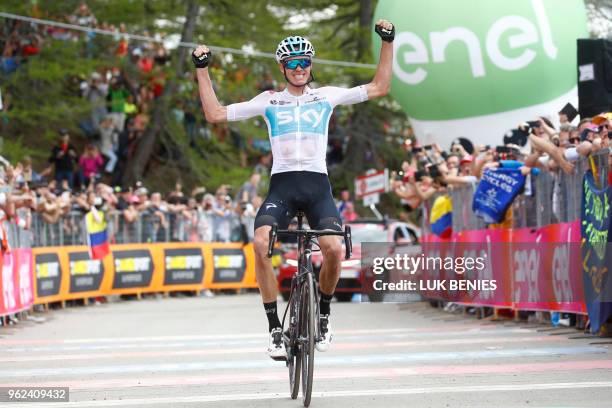 British rider Christopher Froome crosses the finish line and wins the 19th stage from Venaria Reale to Bardonecchia during the 181km in the 101st...