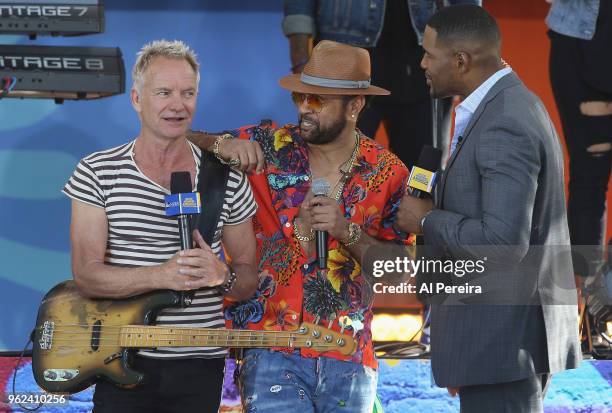 Sting and Shaggy are interviewed by Host Michael Strahan when they perform on ABC's "Good Morning America" show at Rumsey Playfield, Central Park on...