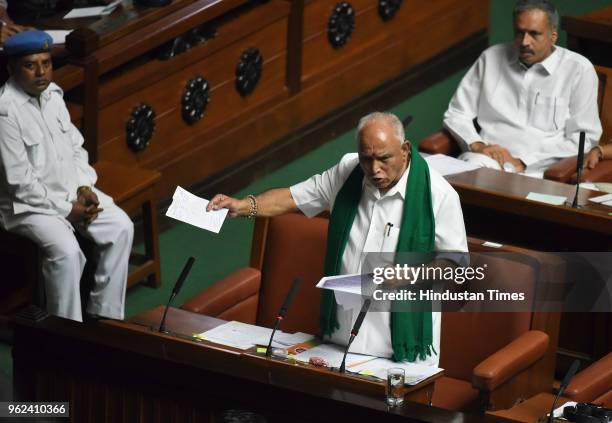 Karnataka President and legislative Party leader BS Yeddyurappa at Karnataka Assembly before the trust vote of Kumarswamy in Vidhan Soudha on May 25,...