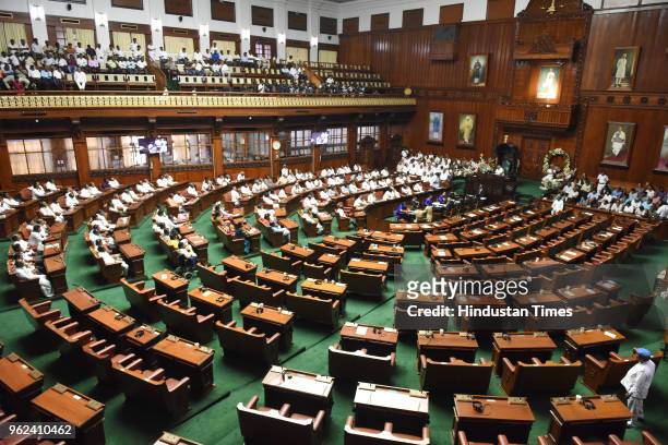 View of the Karnataka Assembly House after the BJP MLAs walked out before the trust vote of HD Kumarswamy in Vidhan Soudha on May 25, 2018 in...