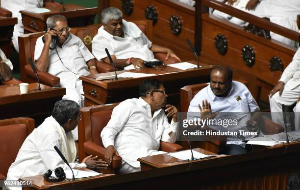 Chief Minister of Karnataka H. D. Kumaraswamy, Deputy Chief Minister Dr G Parameshwara and former chief minister Siddaramaiah during a special...