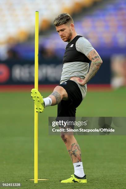 Alberto Moreno of Liverpool in action during a training session ahead of the UEFA Champions League Final between Real Madrid and Liverpool on May 25,...