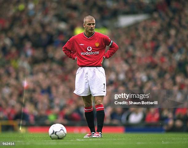 David Beckham of Manchester United prepares to take a free-kick during the FA Carling Premiership match against Leeds United played at Old Trafford,...